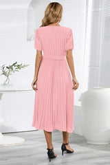 V-Neck Pleated Tie-Waist Midi Dress Newgew