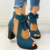 Peep Toe Mesh Insert Bowknot Chunky Heeled Sandals Pairmore