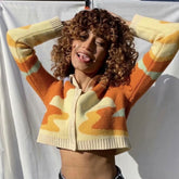 Abstract Sunset Pattern Collared Long Sleeve Cropped Cardigan - Orange Newgew