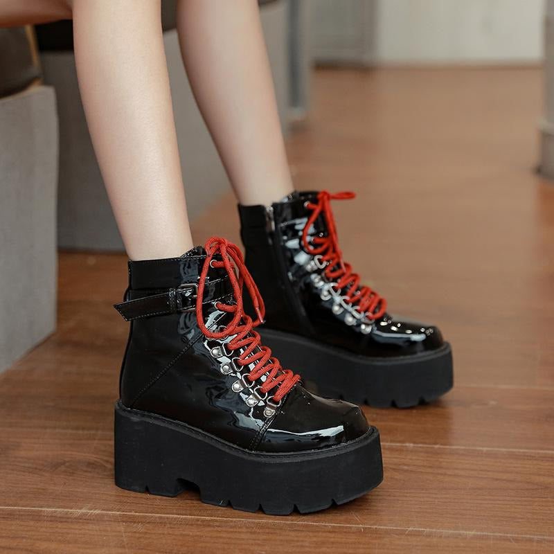 Patent Leather Lace-up Thick-soled Boots Newgew