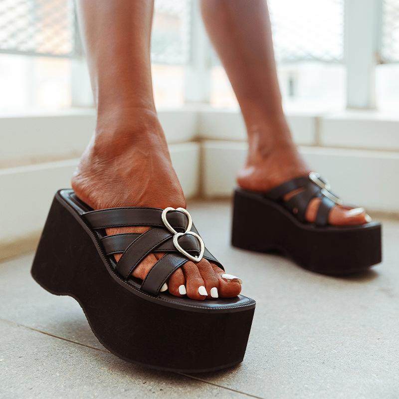 Slope Heel Thick Soled Love Decorative Buckle Sandals Newgew