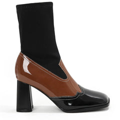 Splicing Thick Heel Square Toe Mid-calf Sock Boots Newgew