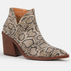 Thick Heeled Pointed Toe Snake Print Leather Boots Newgew