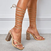 Tie Leg Design Chunky Heeled Strappy Sandals Newgew