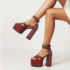 Elizabeth Platform Chunky Heel Studded Plaid Sandals NEW GEW