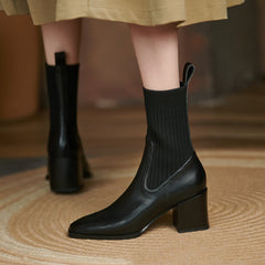Yuliana Genuine Leather Chunky Heel Slip on Ankle Boots Newgew