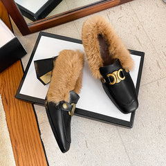 Zofia Genuine Leather Chunky Heel Loafers with Fur Newgew