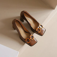 Faigy Square Toe Gold Chain Heels Brown NEW GEW