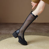 Evie Black Mesh Knee High Boots with Heels NEW GEW