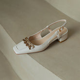 Iyana Closed Toe White Slingback Heels with Gold Chain newgew