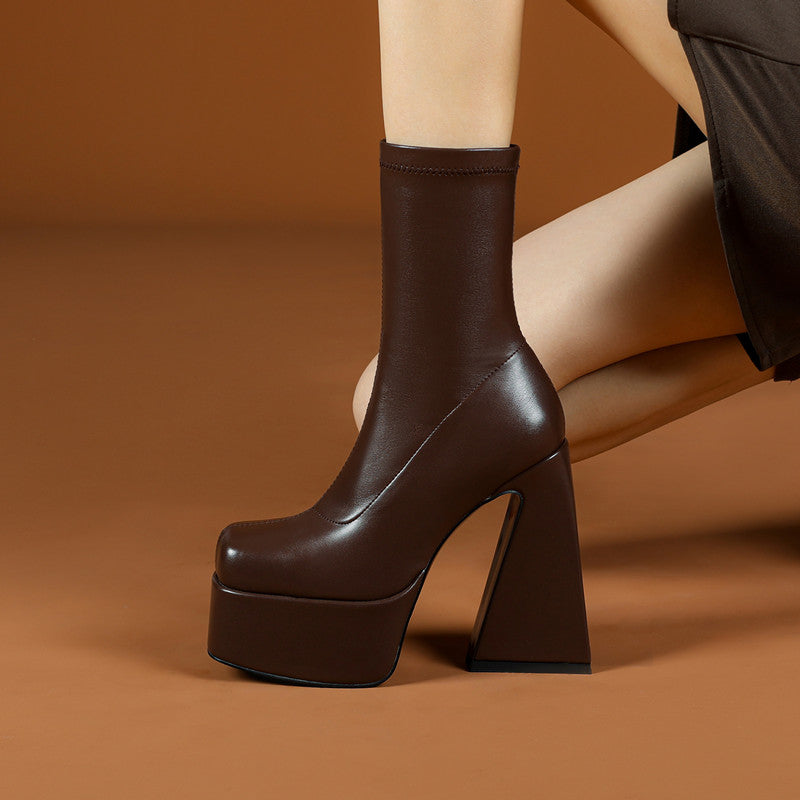 Eleni Square Toe Brown Platform Boots NEW GEW