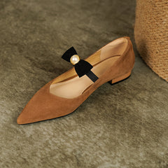 Ines Pointed Toe Flats with Bow and Pearl Newgew