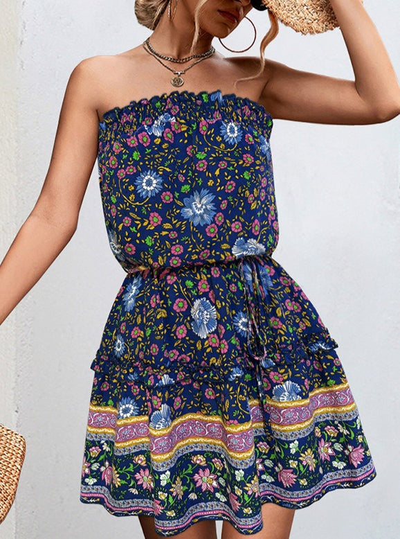 Bohemian Floral Print Bandeau Mini Dress Newgew Dresses