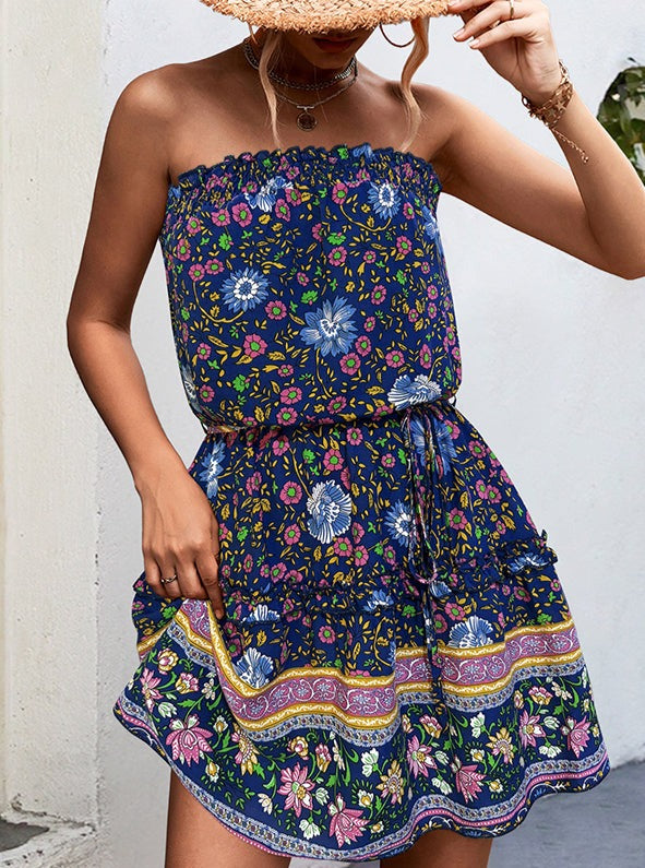 Bohemian Floral Print Bandeau Mini Dress Newgew Dresses