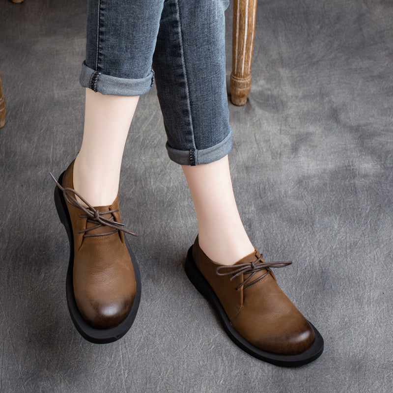 Women Retro Solid Cowhide Casual Shoes Newgew Shoes
