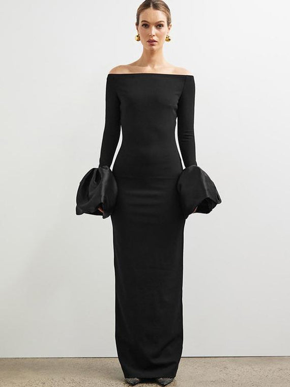 Long Sleeve Fitted Dress with Puff Sleeves and One-Shoulder Neckline Newgew Dresses
