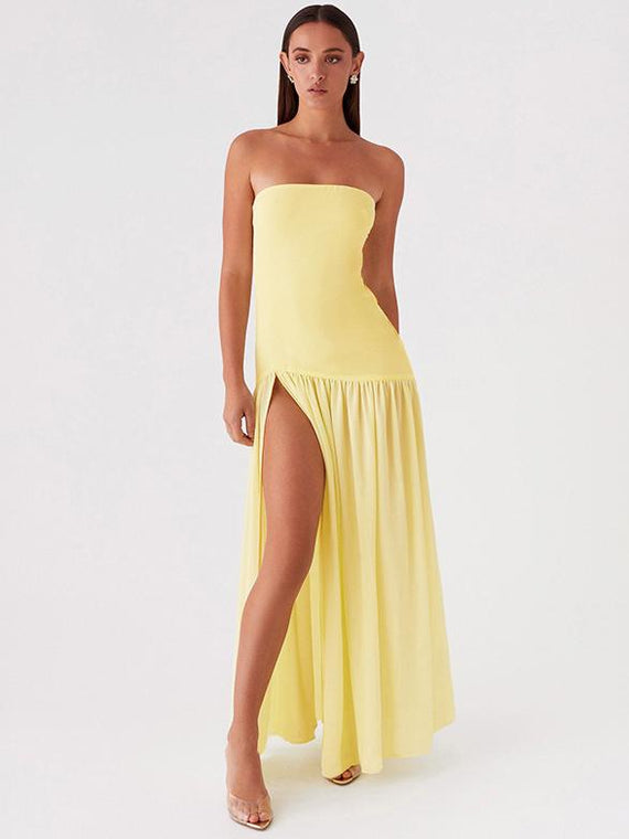 Solid Color Strapless High-Waist Split Hem Panelled Dress Newgew Dresses