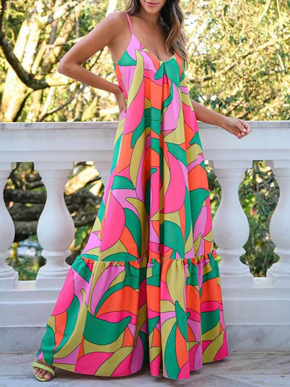 Summer French Deep V-Neck Backless Halter Printed Dresses Newgew Dresses