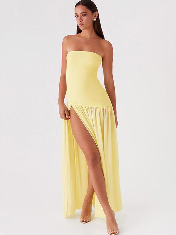 Solid Color Strapless High-Waist Split Hem Panelled Dress Newgew Dresses