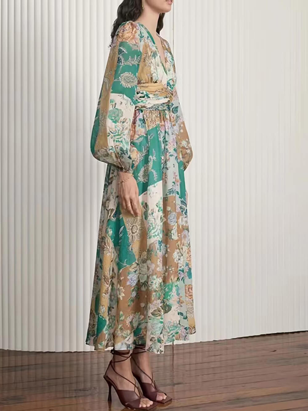 Hand-Painted Printed V-Neck Waist Midi Dress Newgew Dresses