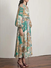 Hand-Painted Printed V-Neck Waist Midi Dress Newgew Dresses