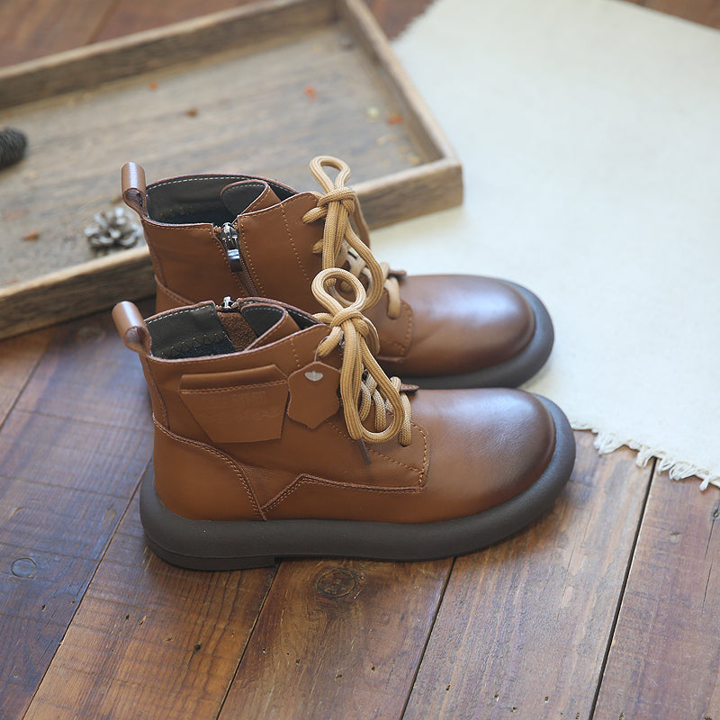 Women Retro Cowhide Round Head Boots Newgew Shoes