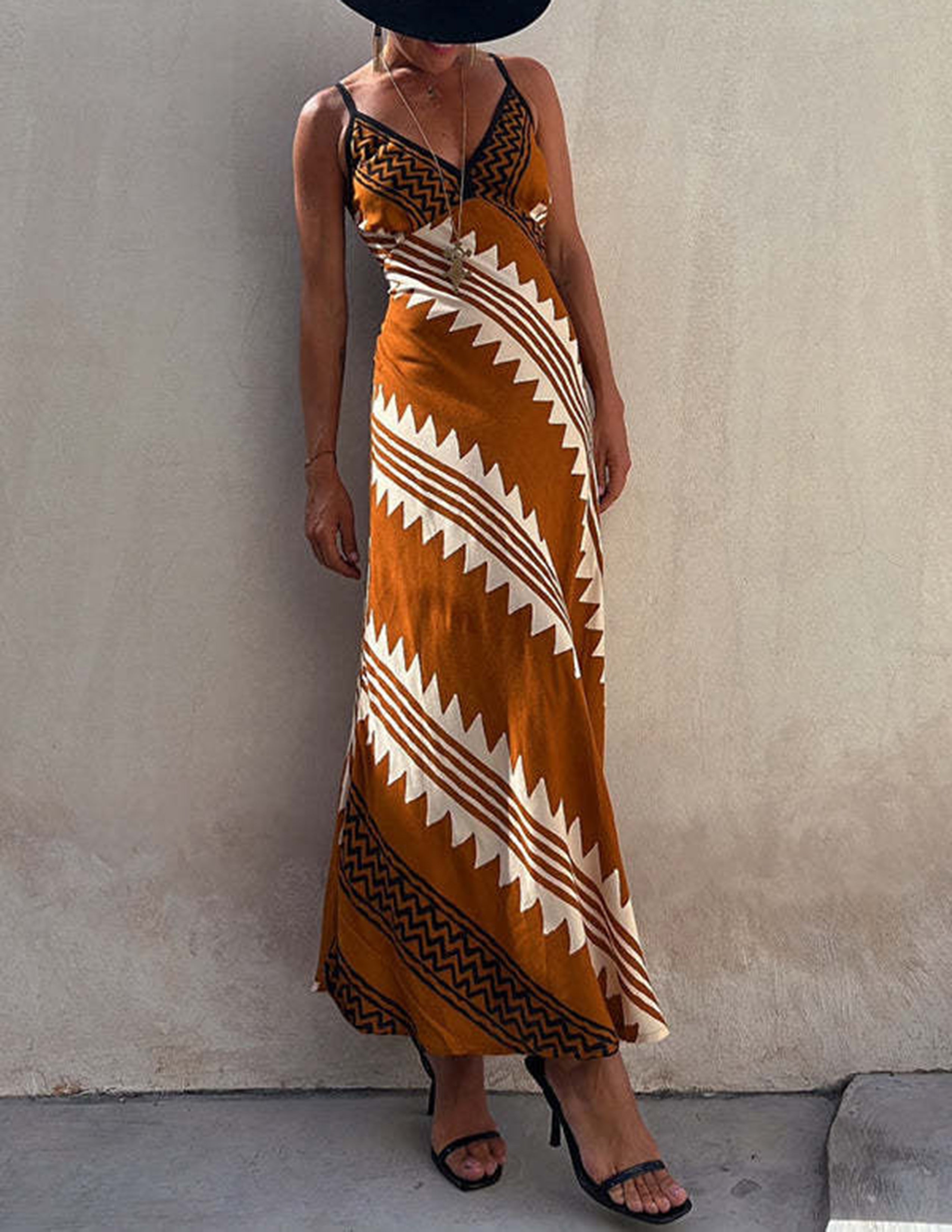 Exclusive Melody Satin Ethnic Print Smocked Back Midi Dress Newgew Dresses
