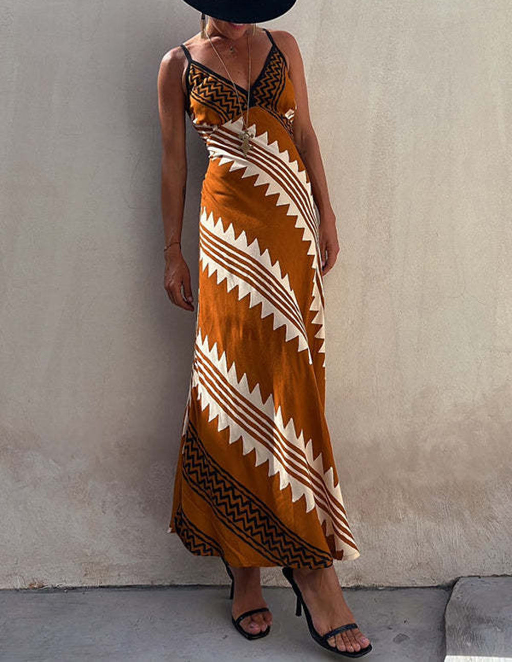 Exclusive Melody Satin Ethnic Print Smocked Back Midi Dress Newgew Dresses