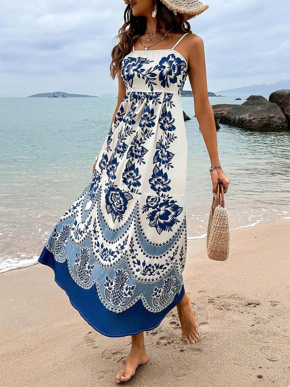 Floral Ethnic Print Back Smocked Loose Miaxi Dress Newgew Dresses