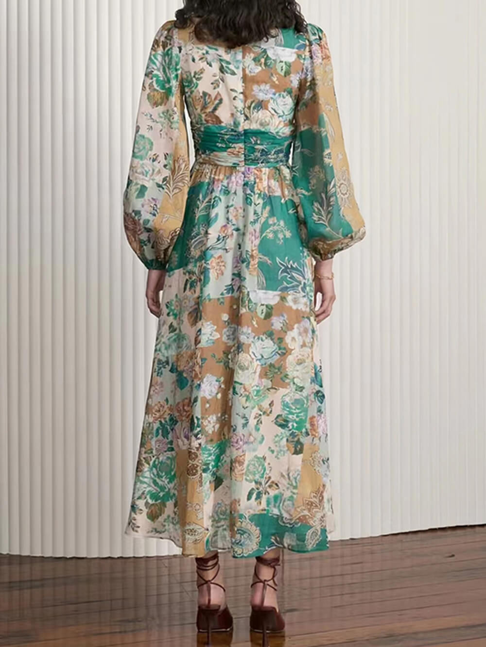 Hand-Painted Printed V-Neck Waist Midi Dress Newgew Dresses
