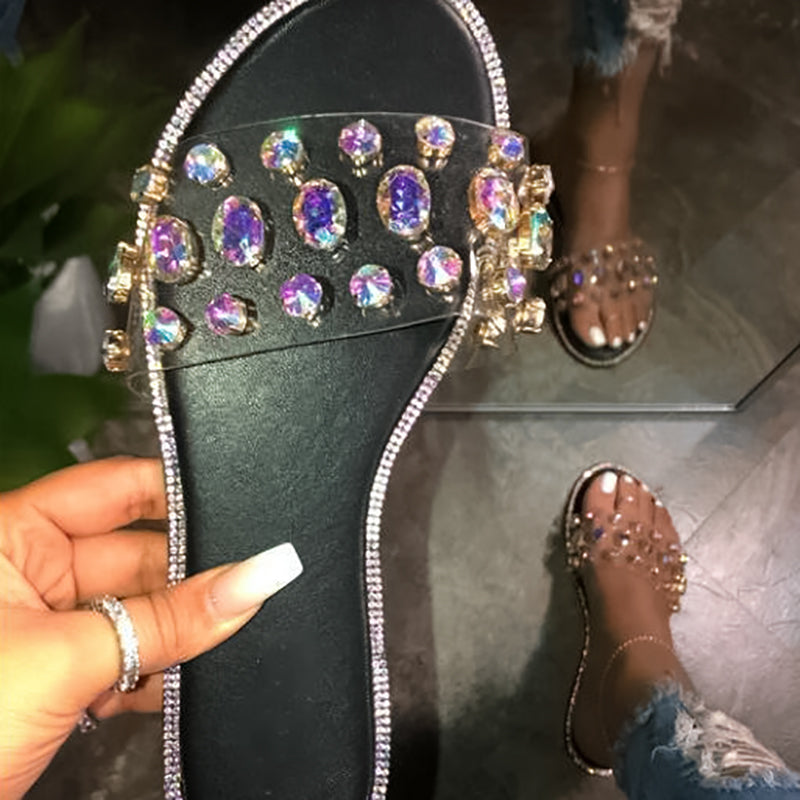 Fashion All-match Crystal Gem Flat Slippers NewGew