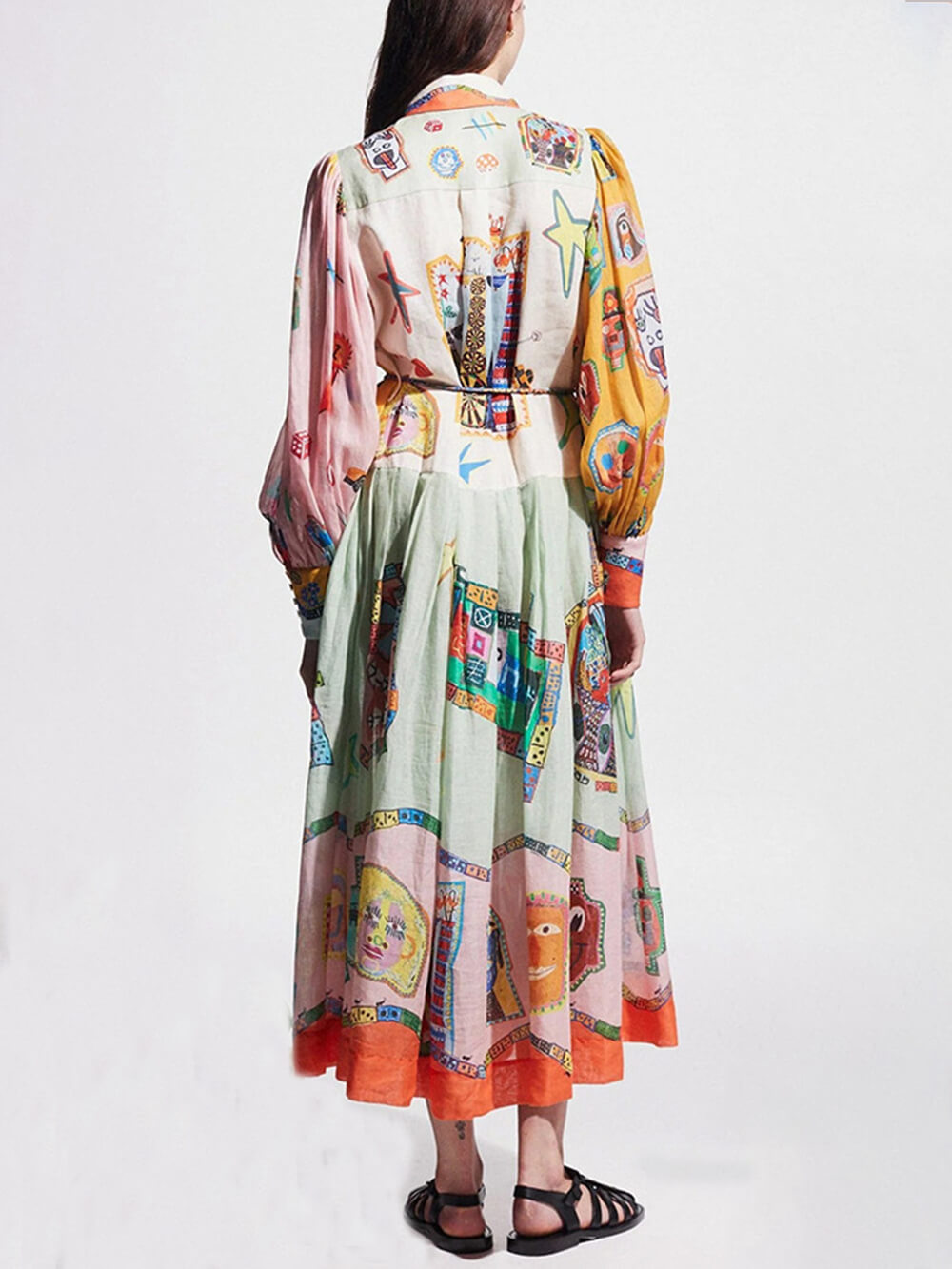 Unique Print Colorblock Balloon Sleeve Belt Shirt Midi Dress Newgew Dresses