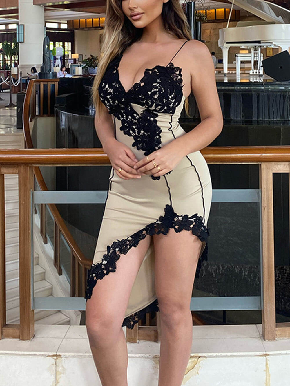 V Strap Lace Hip-Hugging Short Dress Newgew Dresses