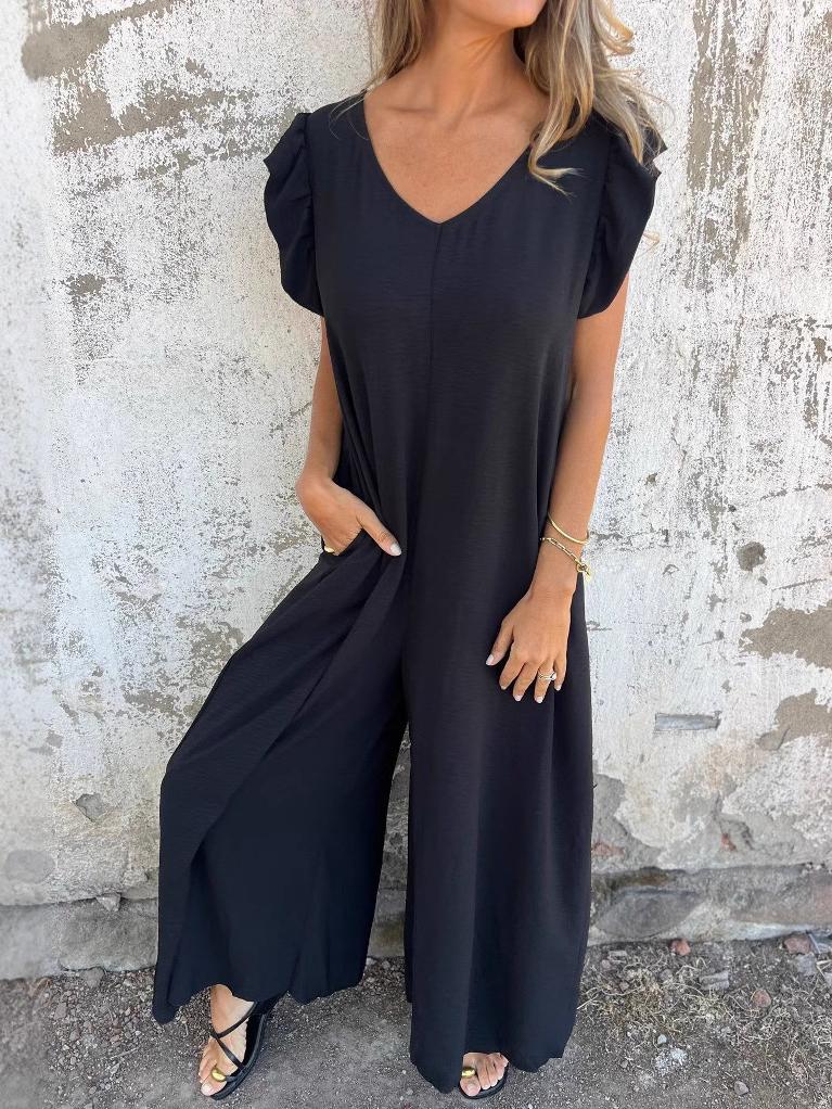 Leopard Print V-Neck Jumpsuit With Front Pockets Newgew Dresses