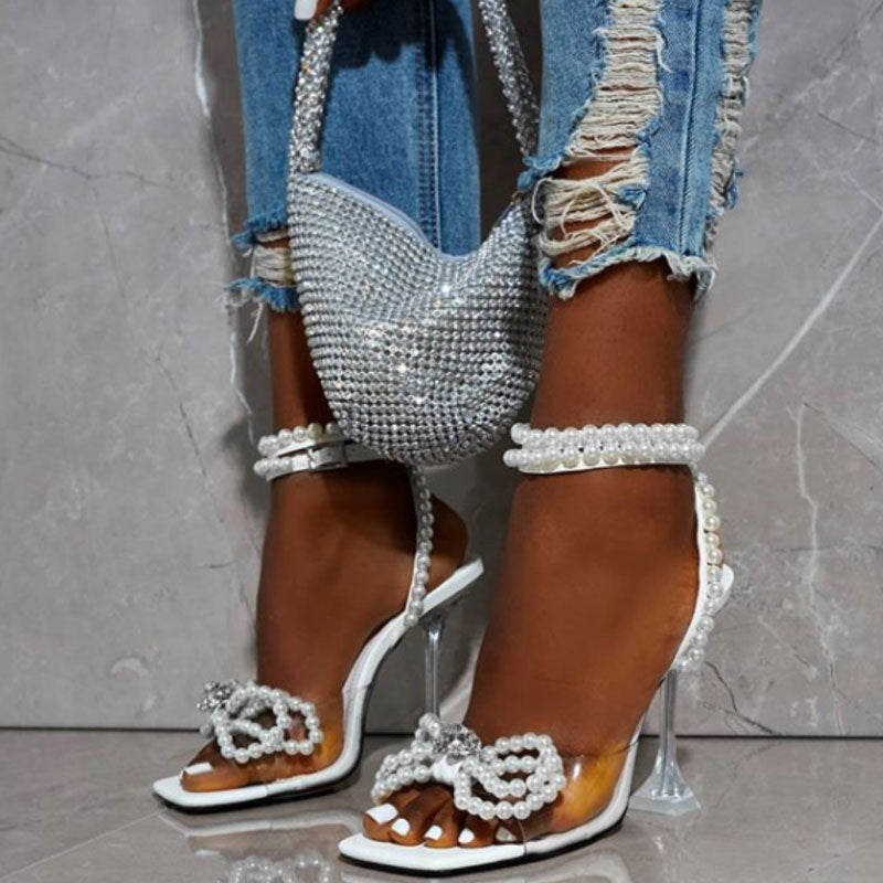 Crystal Pearl Strap Bowknot Trim Unique High Heel Sandals - White NewGew