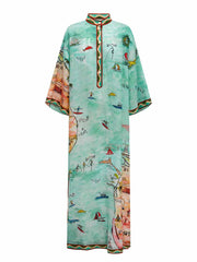 Modern Satin Art Island Print Slit Maxi Dress Newgew Dresses