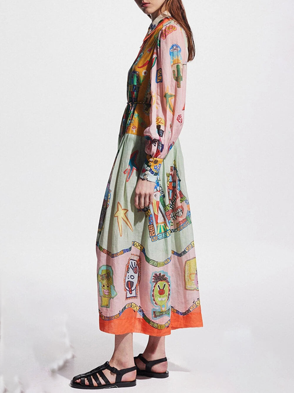 Unique Print Colorblock Balloon Sleeve Belt Shirt Midi Dress Newgew Dresses