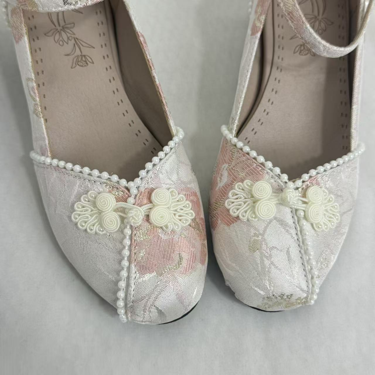 Block-Heel Shoes With Pearl-Embellished Straps PinTow