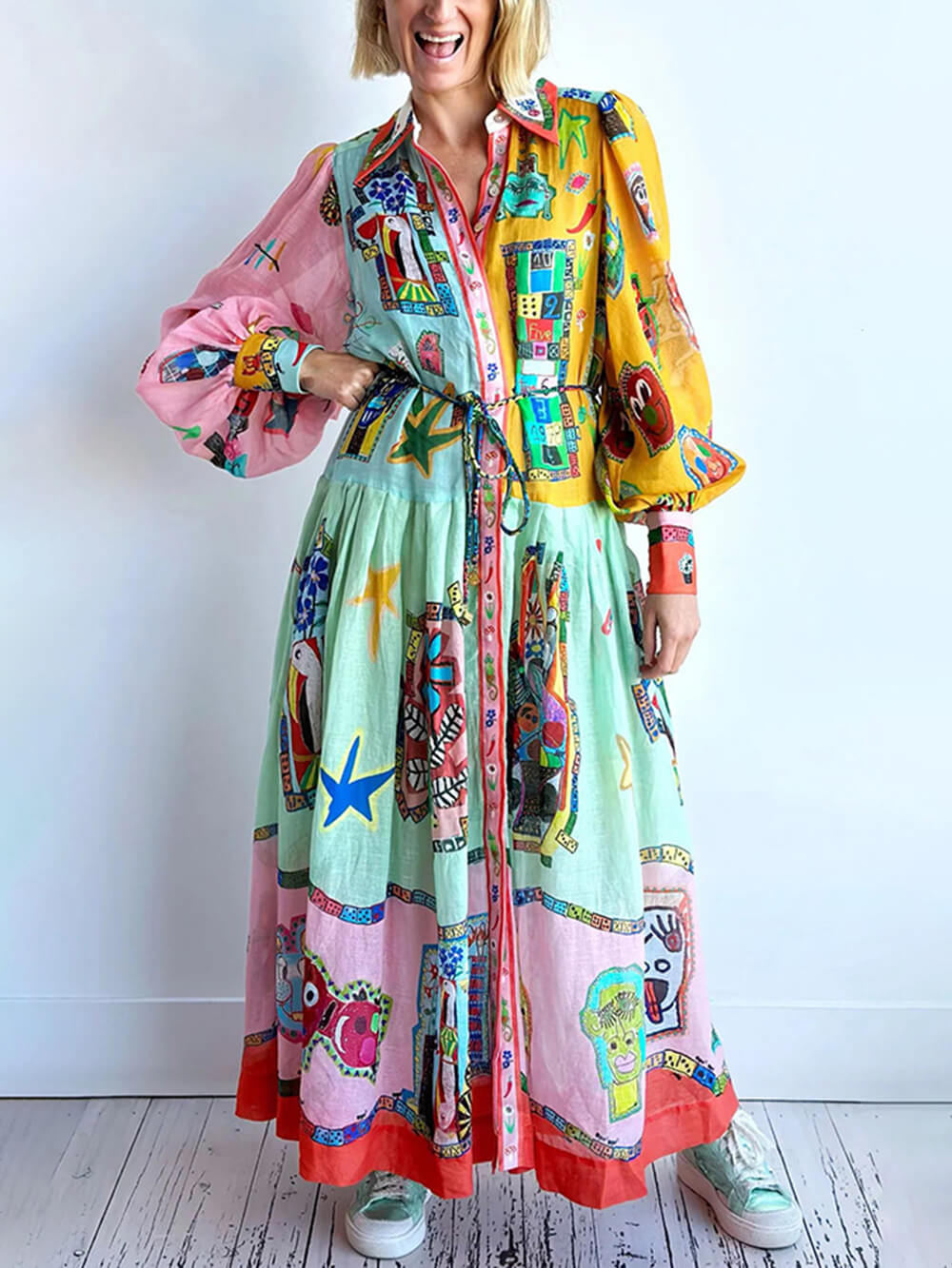 Unique Print Colorblock Balloon Sleeve Belt Shirt Midi Dress Newgew Dresses