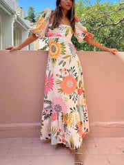 Floral Print Square Neck Bubble Sleeve Maxi Dress Newgew Dresses