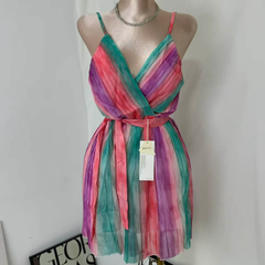 Casual V-Neck Chiffon Dress With Waist Ties PinTow