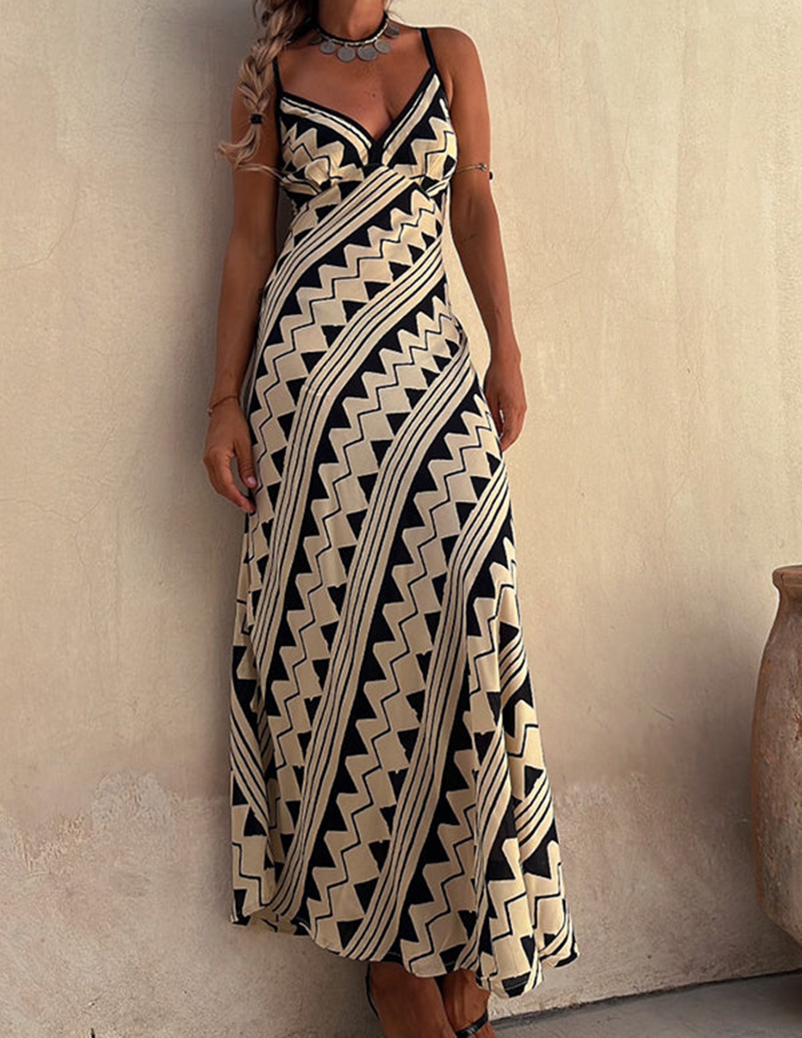 Exclusive Melody Satin Ethnic Print Smocked Back Midi Dress Newgew Dresses