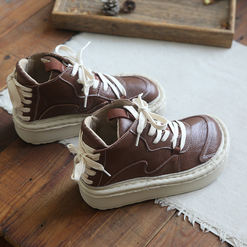 Women Retro Cowhide Handmade Thick Sole Casual Boots Newgew Shoes