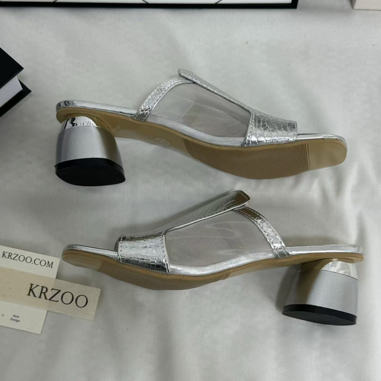 Mesh Chunky Heeled Open-Toe Sandals PinTow