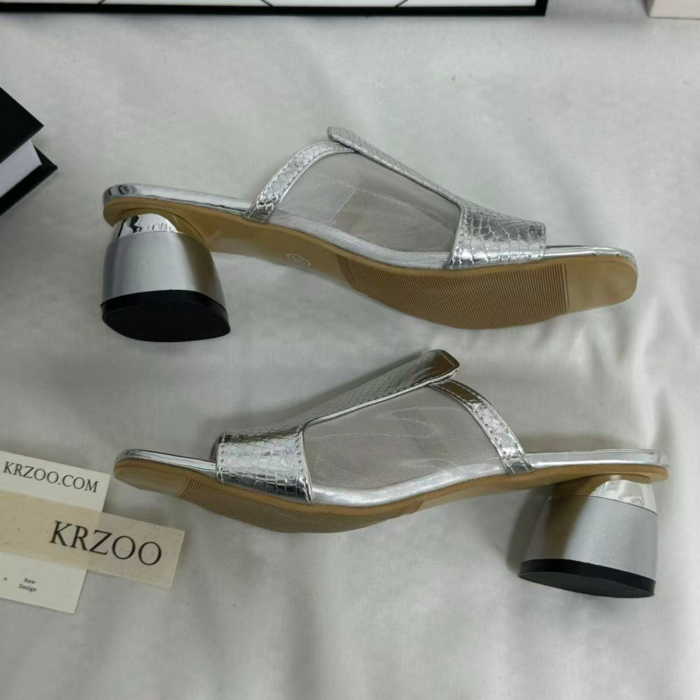 Mesh Chunky Heeled Open-Toe Sandals PinTow