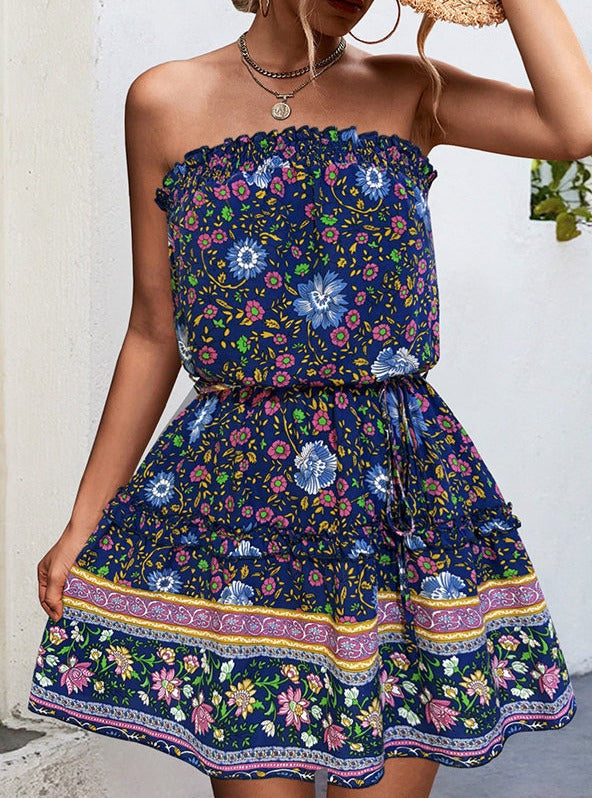 Bohemian Floral Print Bandeau Mini Dress Newgew Dresses