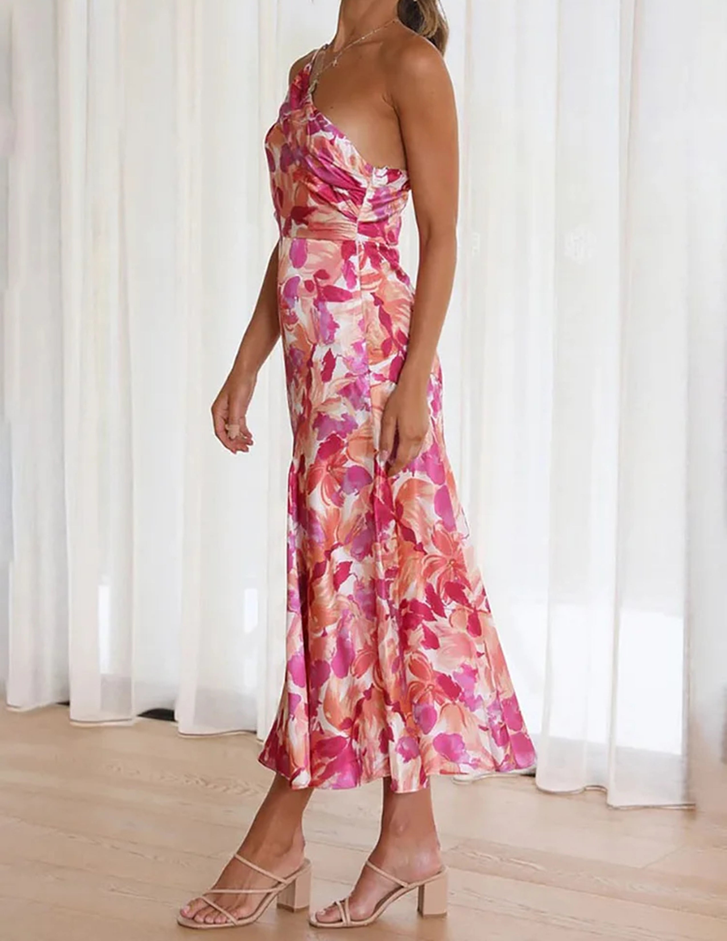 Pink Floral One Shoulder Ruched Satin Dress Newgew Dresses