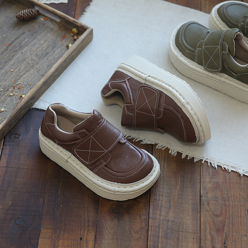 Women Retro Cowhide Velcro Thick Sole Casual Shoes Newgew Shoes