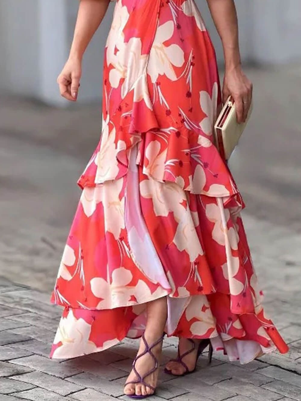 Elegant V-Neck Printed Layered Dress Newgew Dresses