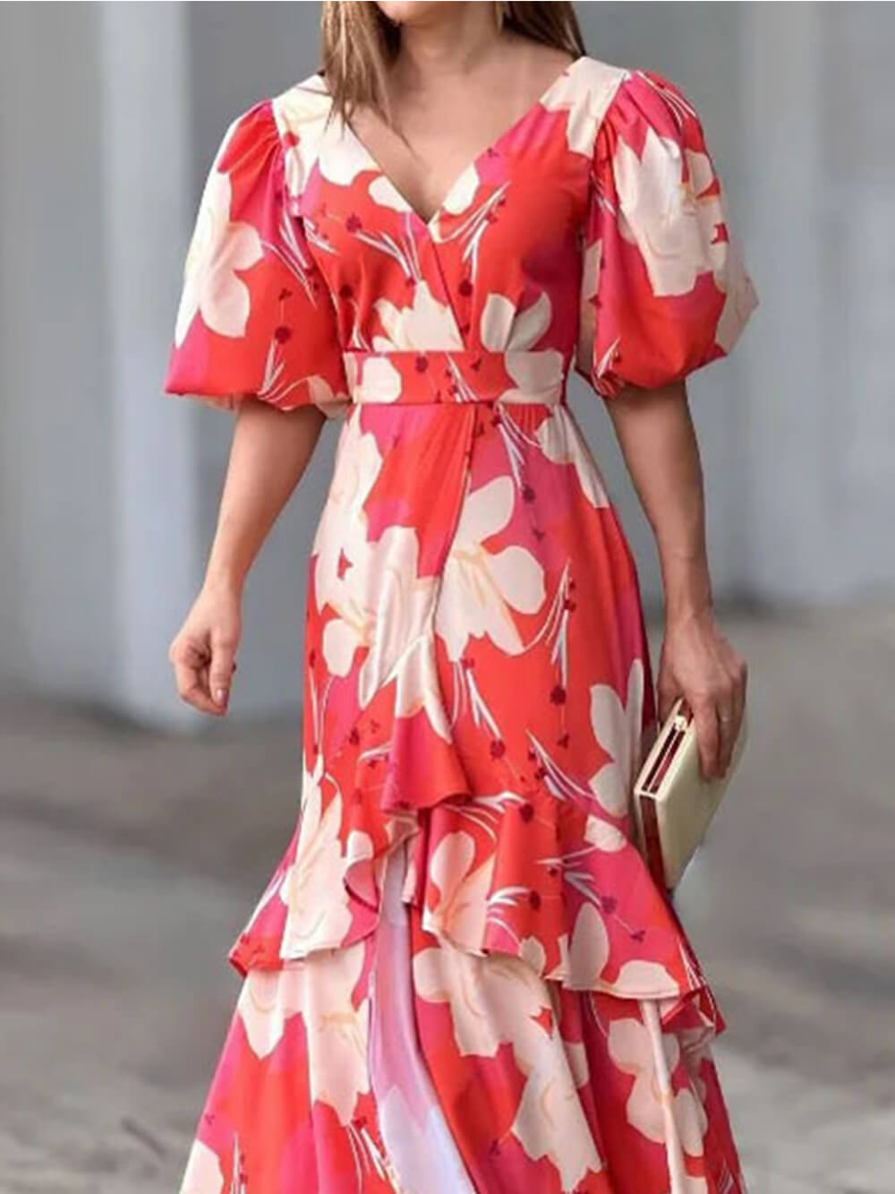 Elegant V-Neck Printed Layered Dress Newgew Dresses